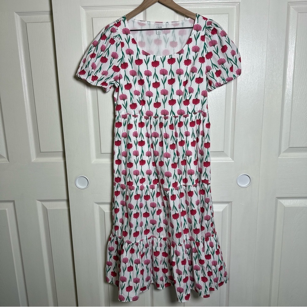 J. Crew Sz 4 Floral Tiered Poplin Puff-Sleeve Midi Dress Cottagecore Modest Norm